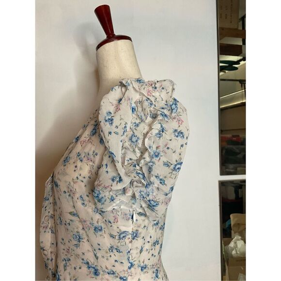 LoveShackFancy Blue Pearl River Floral Angie V-Neck Asymmetrical Silk Midi Size2 - Picture 12 of 14